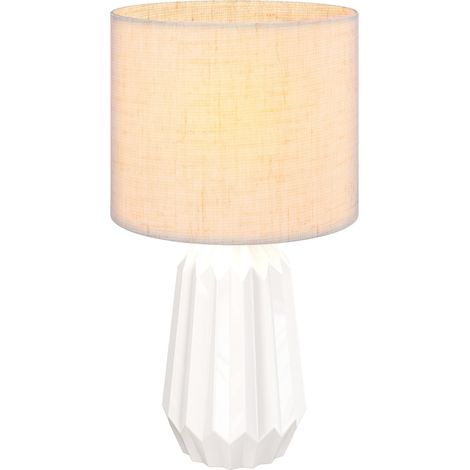 Lampe Table, Base Céramique, Abat-jour Lin, Interrupteur, Culot E27, Blanc, Beige (1/5)