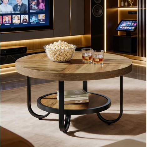Runder Couchtisch 2 Ebenen aus MDF und Metall in Schwarz/Braun, Höhe 79 cm (1/5)