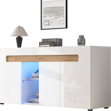 ELVMI Credenza con 3 Ante, 1 Vano semiaperto e LED per Soggiorno in Pannello truciolare 140 × 40 × 70 cm Bianco (1/5)