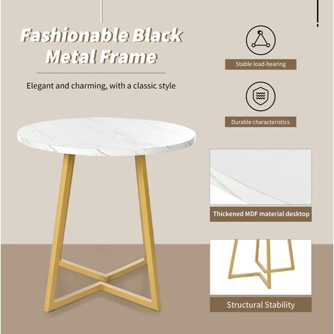 Runder Esstisch (1 Stück), Küchentisch, einzigartiges Metallgestell, Esstisch aus modernem Marmormuster, geeignet für Esszimmer, Wohnzimmer, Weiß/Gold (1/5)