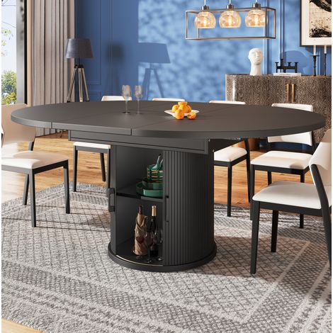 Table extensible ronde 118-158 cm avec rangement, MDF noir, pour 6 personnes HAVRYA (1/5)