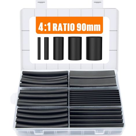 Kit Gaine Thermorétractable 90mm, 4:1 Tube Thermoretractable Noir, Étanche & Isolation, Double paroi Revêtue de Colle, Manchon de Câble à Gaine Thermorétractable - 100 Pièces (1/5)