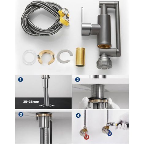 Robinet Cuisine - Acier Inoxydable SUS304 - Douchette Flexible 2 Modes - Bras Rotatif 1080° - Pour Évier - 1 Pièce (1/4)