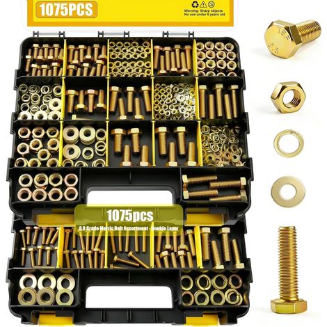 Kit 1075 pièces vis tête hexagonale TH classe 8.8 acier zingué jaune M4 M5 M6 M8 M10 M12 boulons écrous rondelles assortiment coffret (1/5)