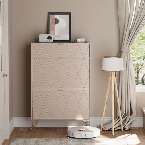 UEV Armoire à Chaussure Inclinable, Meuble à Chaussures pour 16 Paires, 3 Compartiments (2 Rangements Chaussure+1 Étagère Caché) (80 x 24 x 120 cm, Cachemire)