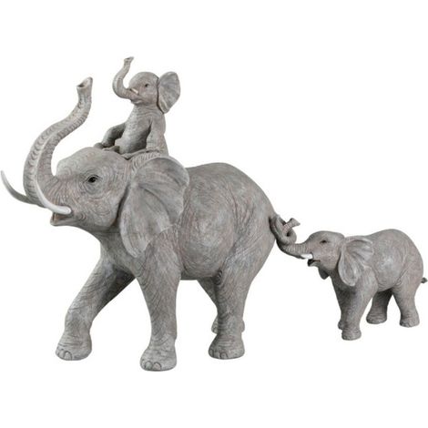 Statuette Déco "Bébé Eléphant sur Dos" 71cm Gris