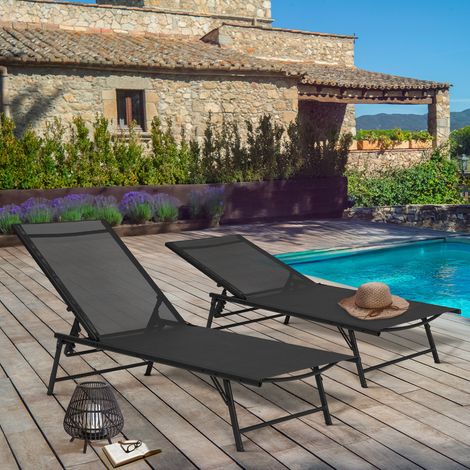 Lote de 2 sillas de jardín reclinables KAILUA de acero negro y tela negra