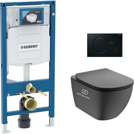 Pack WC Bati-support Geberit + Cuvette noire Ideal Standard Tesi Aquablade + Plaque noire (GebBlackTesi-A)