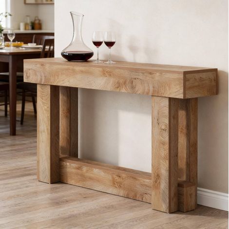 Consola de entrada 160x30 cm, diseño extralargo con estante inferior, estructura robusta de madera marrón (1/5)