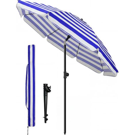 Parasol de Jardin 200cm Inclinable Hauteur Réglable avec Ancrage au Sol Parasol de Plage Protection UV 50+ avec Sac de Transport pour Plage Terrasse Balcon Camping Rayures Bleu Blanc (1/5)