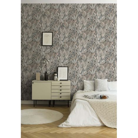 Papier peint nature coloré beige, noir & gris Tapisserie à motifs fleurs & feuillages Papier peint floral intissé satin idéal pour cuisine (1/4)