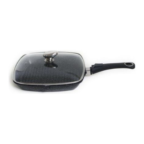 Poêle grill 28 x 28 cm "Façon pierre" + couvercle en verre - PRADEL EXCELLENCE - PREMIUM - Compatible tous feux. Manche amovible. (1/4)
