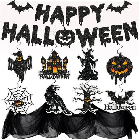 Kit de décorations d'Halloween, décoration de bureau d'Halloween, bannière Happy Halloween à paillettes, décoration au plafond, tissu d'Halloween effrayant, décorations d'Halloween réutilisables (1/5)