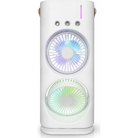 Refroidisseur portable avec double ventilateur, brumisation à l'eau et lumières RVB, mini climatiseur USB de table, ventilateur silencieux avec réservoir d'eau, pour bureau, chambre et maison (1/5)
