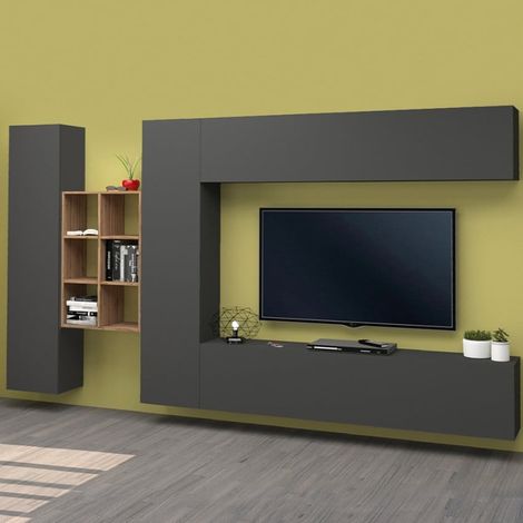 Meuble mural gris avec meuble TV suspendu et 2 bibliothèques Sid RT (1/5)
