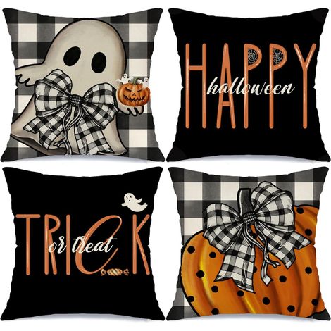 Fundas de cojín decorativas de Halloween (45 x 45 cm) con lunares, calabazas y fantasmas, juego de 4. Decoración para sofá y sillón. (1/5)
