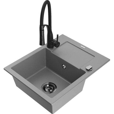 Mexen Enzo évier en granit 1 bac avec égouttoir et robinet cuisine Aster, gris - 6506-71-73450-70-B (1/5)