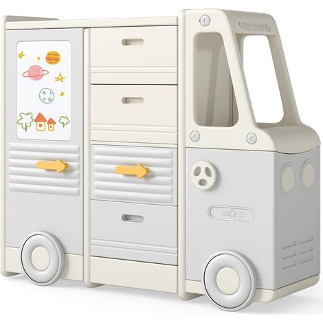 Scaffale porta giocattoli con lavagna bianca design autobus 4 cassetti