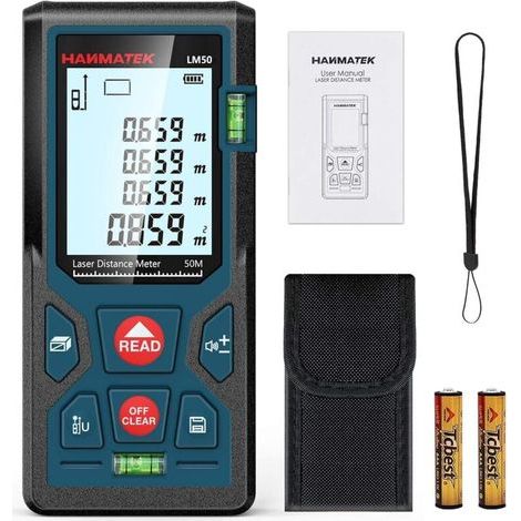 Telémetro láser digital LM50 de 50 m, medición de longitud/área/volumen/teorema de Pitágoras con retroiluminación LCD, IP54 (1/4)