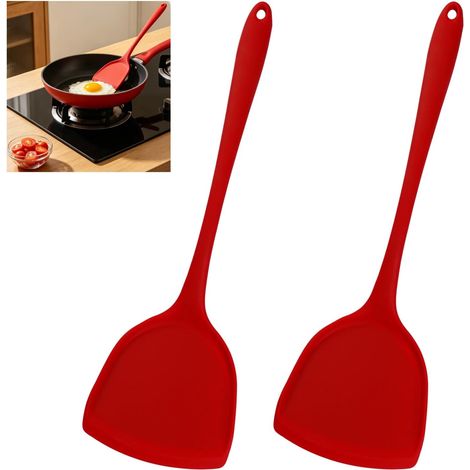 Set of 2 Silicone Wok Spatula Spatula Kitchen Soft Silicone Utensils Practical Kitchen Utensils Non-Stick BPA Free for Baking, Turning (Red, 32cm) (1/5)