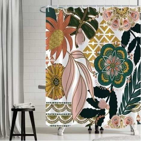 Rideau Douche Bohême,Rideau de Douche Boho Style Fleurs Rose Feuille Vert Rideau Baignoire Anti Moisissure Imperméable Tissu Polyester Lavable Rideau Salle de Bain avec Crochets 180x180cm (1/5)