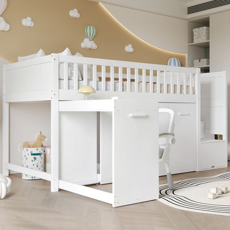 Lit superposé multifonction enfant avec barrière de sécurité et garde-corps, bureau/armoire/casiers intégrés, 2 casiers dans l'escalier, pin+MDF, blanc, 90x200cm (1/5)