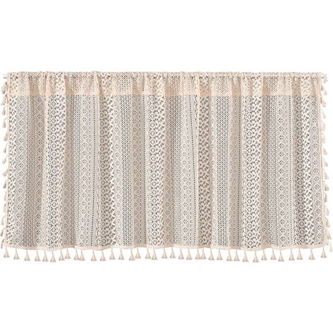 Rideau bistro court crocheté main beige pompons 150×60 cm cuisine chambre (1/4)