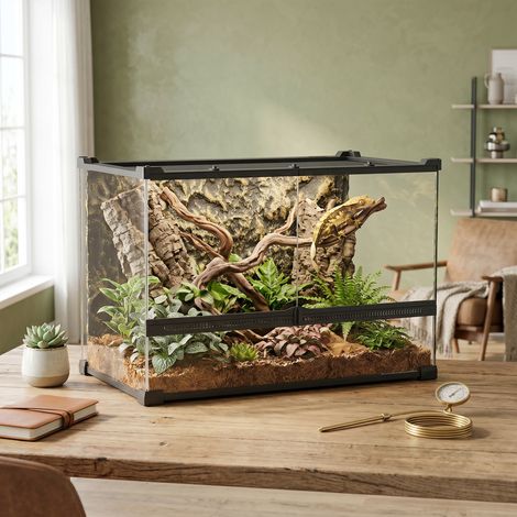 Terrarium pour reptiles, terrarium en verre 48 L avec ventilation frontale, fond en pierre, fermeture à vis, 50 x 30 x 35 cm, noir (1/5)