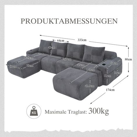 Canapé modulaire velours côtelé 4 personnes avec 2 tabourets combinable librement porte-gobelet sac rangement latéral salon familial-Chi. (1/5)