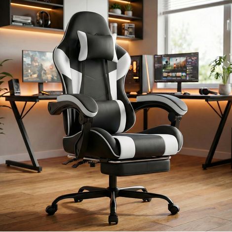 Chaise de bureau gaming ergonomique en PVC noir et blanc, hauteur réglable DESVIAE (1/4)