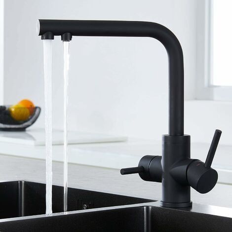 3-Wege-Küchenarmatur, 3-Wege-Küchenmischer, 360° drehbar, Trinkwasser-Küchenarmatur, Küchenspüle-Wasserhahn mit gefiltertem Wasserauslass, Mattschwarz (1/5)