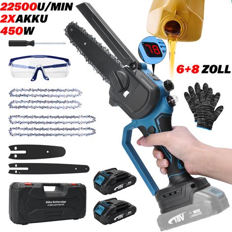 6+8 Zoll Kleine Akku-Elektrokettensäge Elektrische Mini Motorsäge Tragbare Einhandsäge Astsäge, inkl. Mit 2X Akku, 21V, 22500 RPM, 450W, Gartenprotokollierung (1/5)