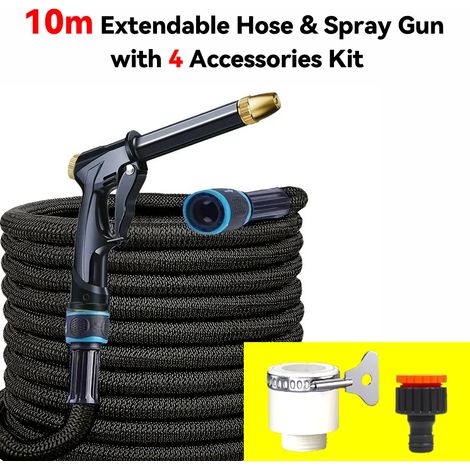 Ensemble pistolet à eau pour tuyau d'arrosage extensible, 3 extensions, tuyau en latex 4 couches, raccord rapide, arrosage du jardin et lavage de voiture (1/4)