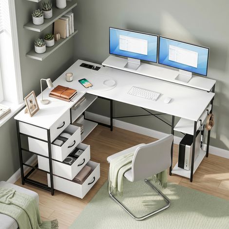 Bureau d'angle en L 155 cm réversible, 4 tiroirs en tissu, avec prises électriques intégrées, poste de travail compact pour bureau à domicile. (1/5)