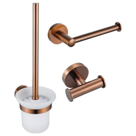 FugaFlow Eccelente Ensemble d'accessoires WC 3 pièces - porte-rouleau sans couvercle - brosse WC - double crochet rond pour serviette - Cuivre brossé (1/5)