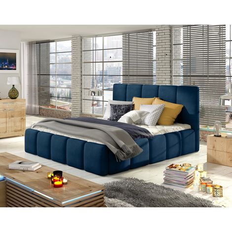 Lucea - lit coffre - 140x200 - sommier inclus - en velours - bleu nuit (1/4)