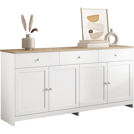 Buffet en bois blanc veiné, quatre portes, trois tiroirs, salon, salle à manger. Couleur bois et blanc. (1/4)