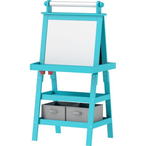 Tableau d'art pour enfants 3 en 1 avec tableau blanc magnétique et tableau noir double face, rouleau de papier, paniers de rangement - Bleu (1/5)