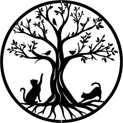 Arte de pared, Decoración de pared de metal, 30 cm, Moderno, Con pájaros y gatos, Decoración para sala de estar y jardín, Negro (1/5)