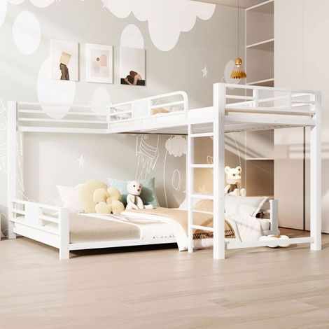 Lit Superposé 90x200 et 140x200cm Design en Forme L - lit double - Cadre en Métal Blanc Solide, Gain de Place, Barrières Sécurité (1/5)
