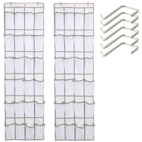 Lot de 2 grands sacs de rangement en filet avec 24 poches, pour chaussures derrière la porte, étagère à chaussures, blanc (1/4)