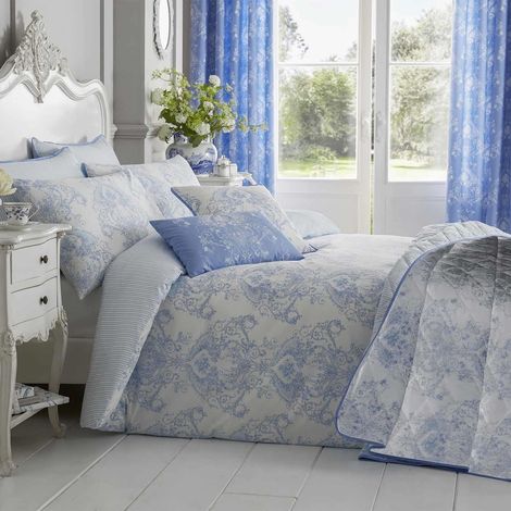 HOMESCAPES Bettbezug-Set mit Toile-De-Jouy-Muster, 230 x 220 cm, blau