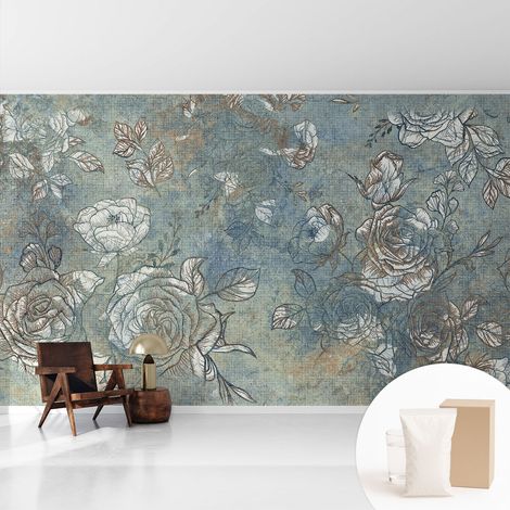 Papier peint intissé pour salon chambre à coucher peint imprimé pour mur - Colle incluse gratuite Roses romantiques 416x254 cm (1/5)