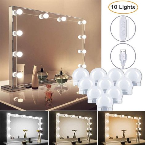Lumière de Miroir,10 Ampoules Kit de Lumière LED Dimmable,lampe de coiffeuse réglable en 3 couleurs,lampe de maquillage,convient pour miroir de maquillage,miroir de salle de bain