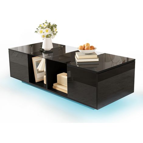 Table basse LED noire avec plateau en verre, rangements latéraux, finitions noir brillant et mat, 120 x 50 x 38,5 cm, pour salon moderne  CHICFURN (1/5)