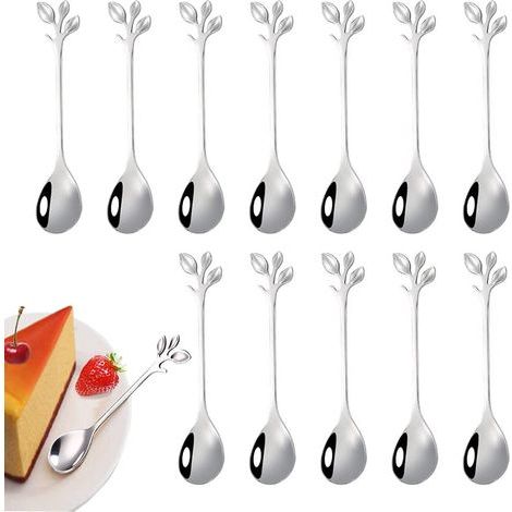 CCYKXA  12-piece stainless steel leaf teaspoon set, small stainless steel dessert spoons, mini teaspoons, branch design dessert spoons, used for water, tea, milk (Silver)