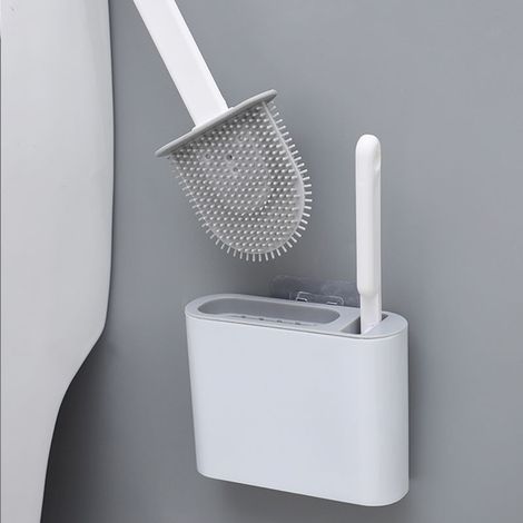 Brosse WC Silicone Plate- Brosse Toilette et Supports, Anti-goutte, Antibactérienne, Balayette WC Ventilée, Séchage Rapide sans Odeur, Balai WC Montage Mural/au Sol, Salle de Bain et WC Blanc, (1/4)
