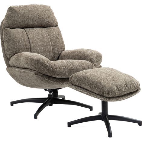 Fauteuil et repose pied en tissu beige chiné - ATLAS