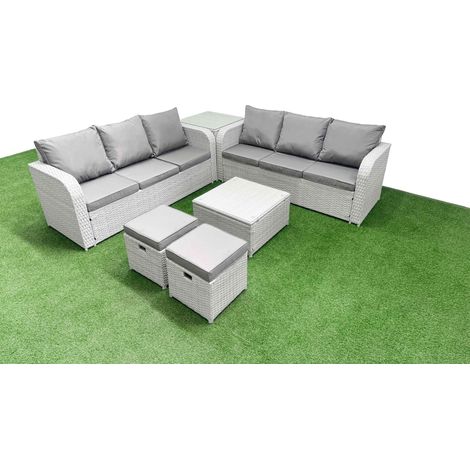 Fimous Outdoor Garden Furniture Sets 8 Seater Wicker Rattan Furniture Sofa Sets with Square Coffee Table high Back Lounge Sofa Stools Side Table Light Grey (1/4)