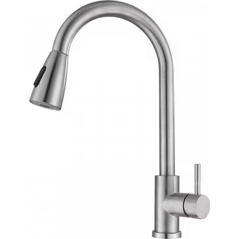 Robinet de cuisine à tirette à poignée unique en nickel brossé, à arc élevé, robinet d'évier avec douchette extractible (1/4)